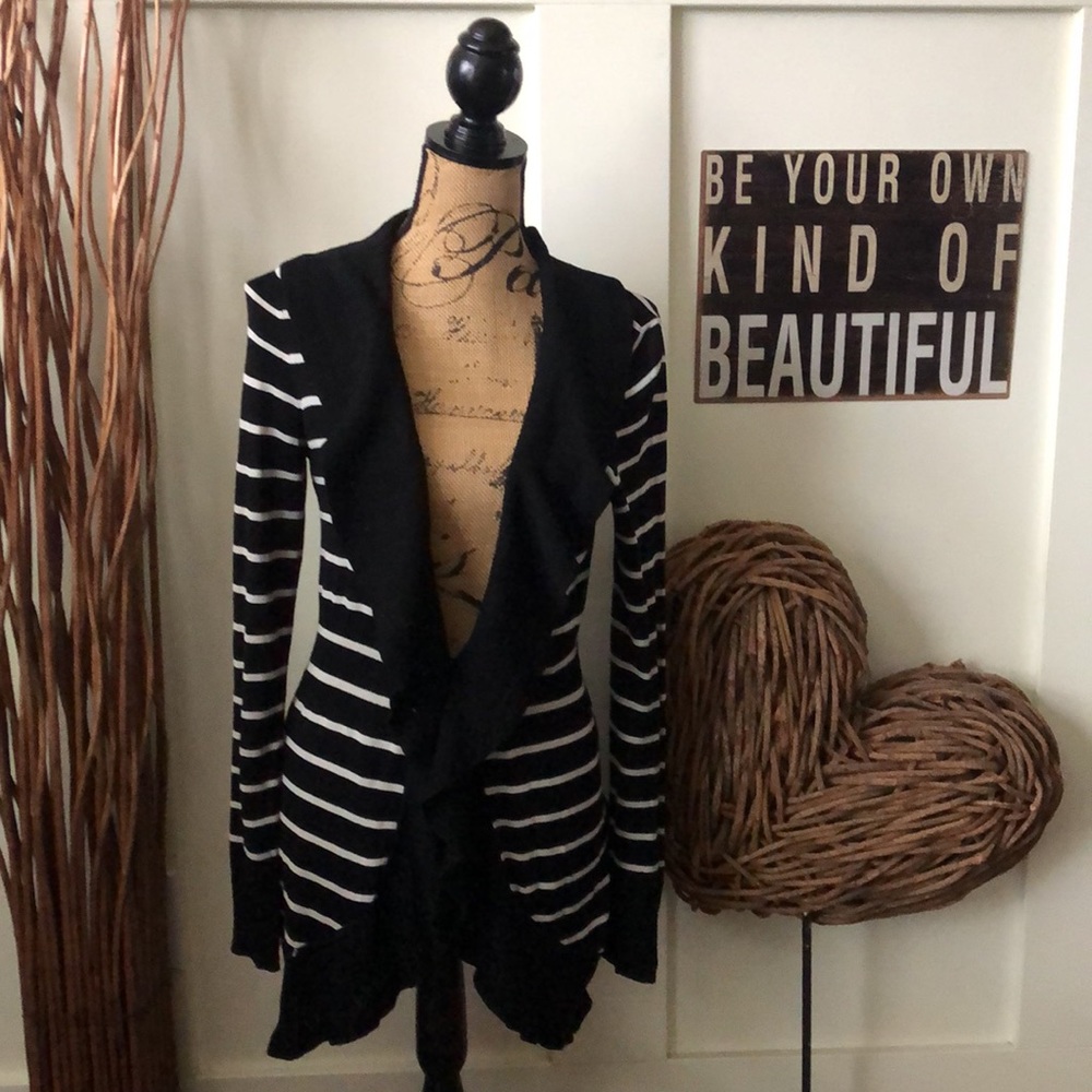 White House Black Market WHBM Striped Ruffle Cardigan